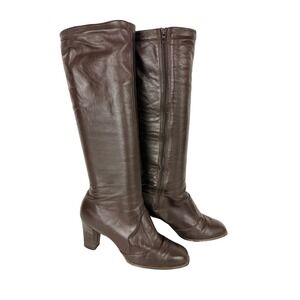 Vintage Joyce California Brown Leather Knee High Boots Block Heel Womens 8 M